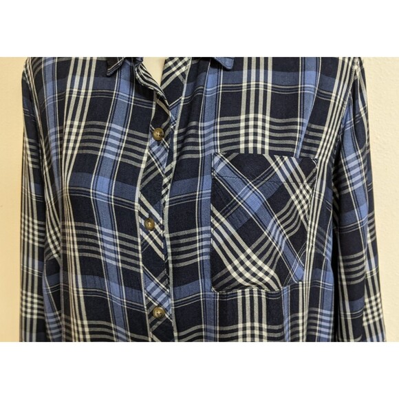Women's J.JILL Denim Blue/White Plaid 3/4 Sleeve Viscose/Rayon Button-Up Shirt L - Picture 4 of 13
